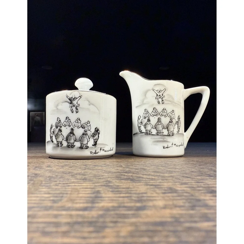 Vintage Robert Mayokok Cream and Sugar Set: Inuit‎ Art Porcelain, Made in Japan
